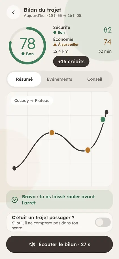 Bilan du trajet avec les événements et le score