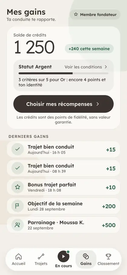 Mes gains  solde de crédits et statut Argent